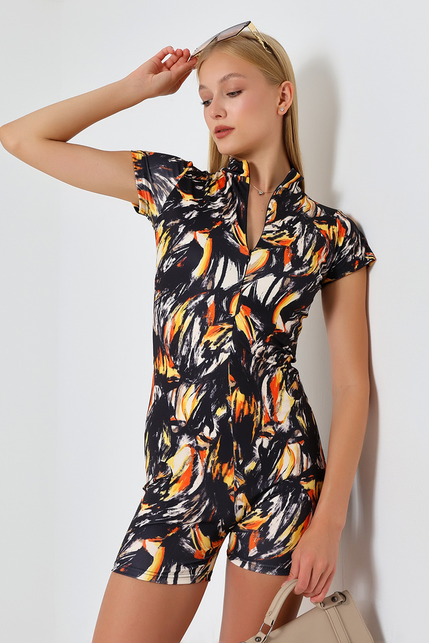 Kadın Mini Fermuarlı Şort Tulum - 6