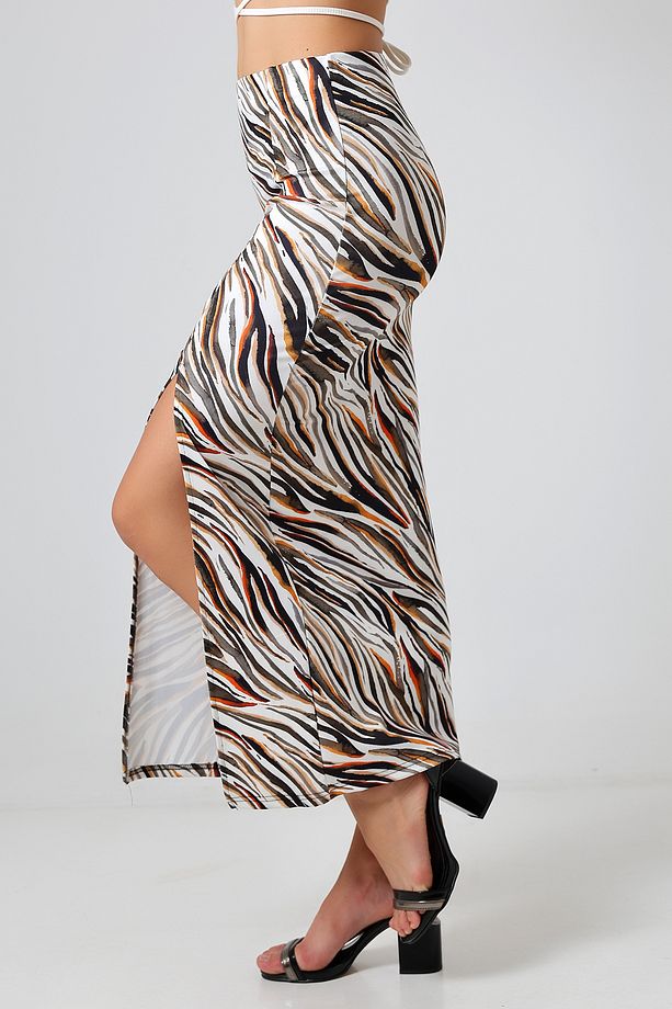 Dalgıç Kumaş Yırtmaçlı Uzun Etek Maxi Boy 92 Cm Renkli Zebra Desen - 6