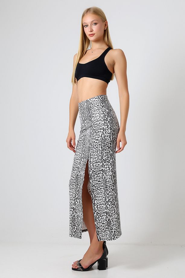 Dalgıç Kumaş Yırtmaçlı Uzun Etek Maxi Boy 92 Cm Açık Leopar Desen - 4