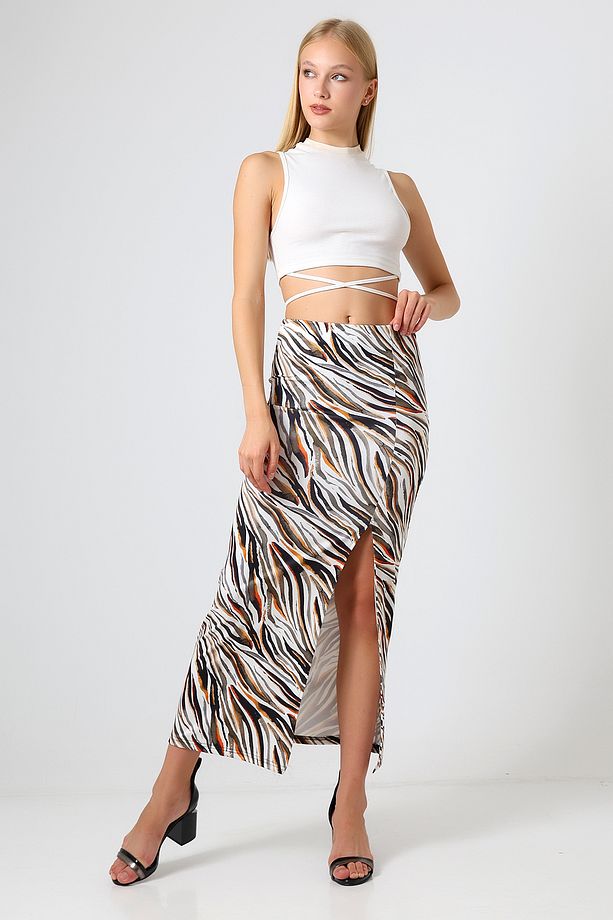 Dalgıç Kumaş Yırtmaçlı Uzun Etek Maxi Boy 92 Cm Renkli Zebra Desen - 1