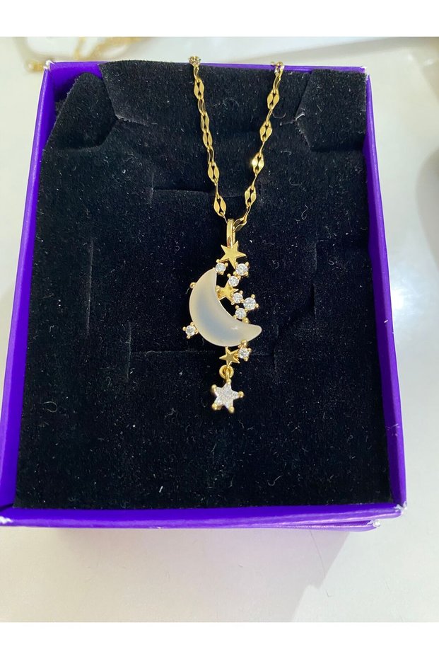 Zircon Stone Moon Model Hanging Star Detail Steel Necklace
