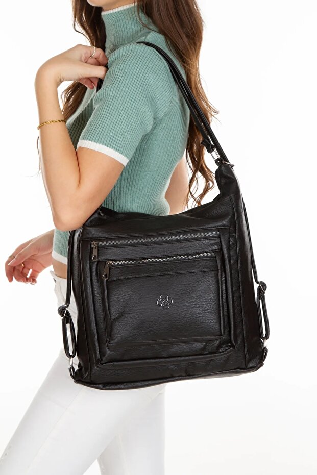 Women's Black Soft Washed Washed Leather Both Shoulder and Arm and Backpack