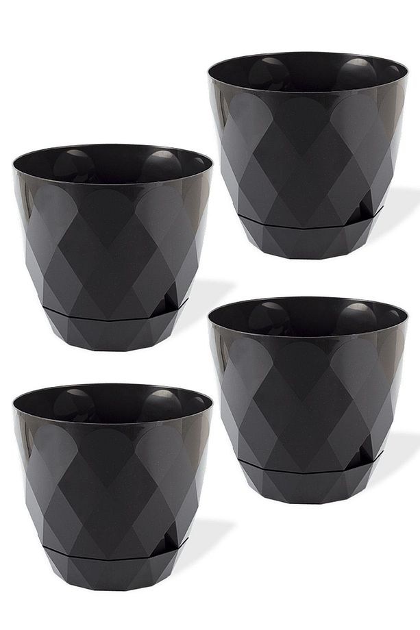 4 Adet 1.3lt Ø14,5x12,5cm Baklava Desenli Tabaklı Dekoratif Plastik Saksı Yakamoz No2 Antrasit - 1