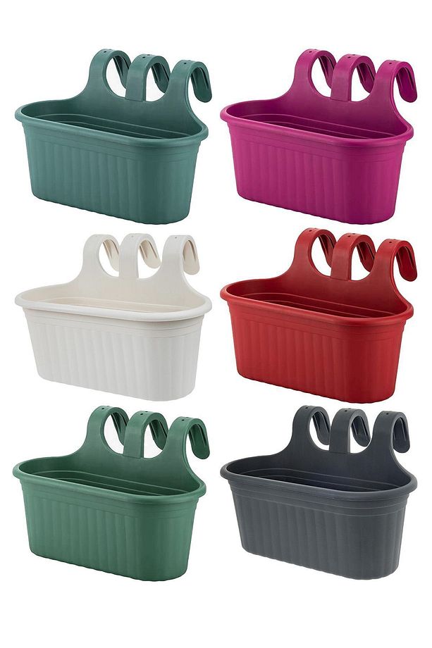 6 Adet 6,5 Litre Renkli Askılı Balkon Küpeşte Saksısı Seti Plastik Askı Saksı Set Tombik No2 - 1