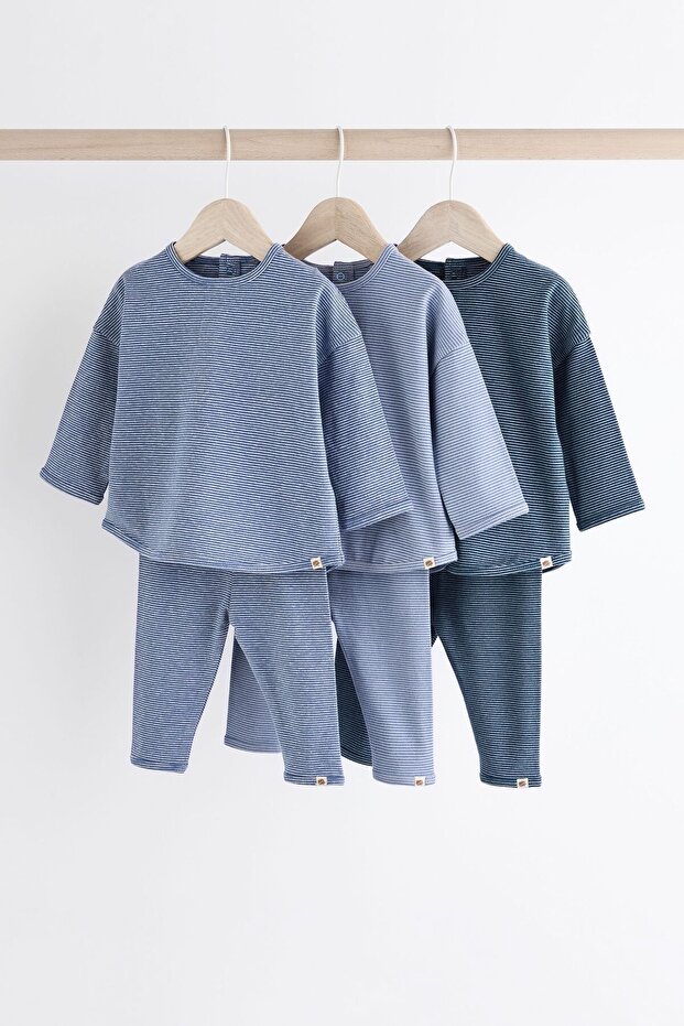Cotton Blue Stripe Patterned Long Sleeve 3-Piece Bottom Set - 1