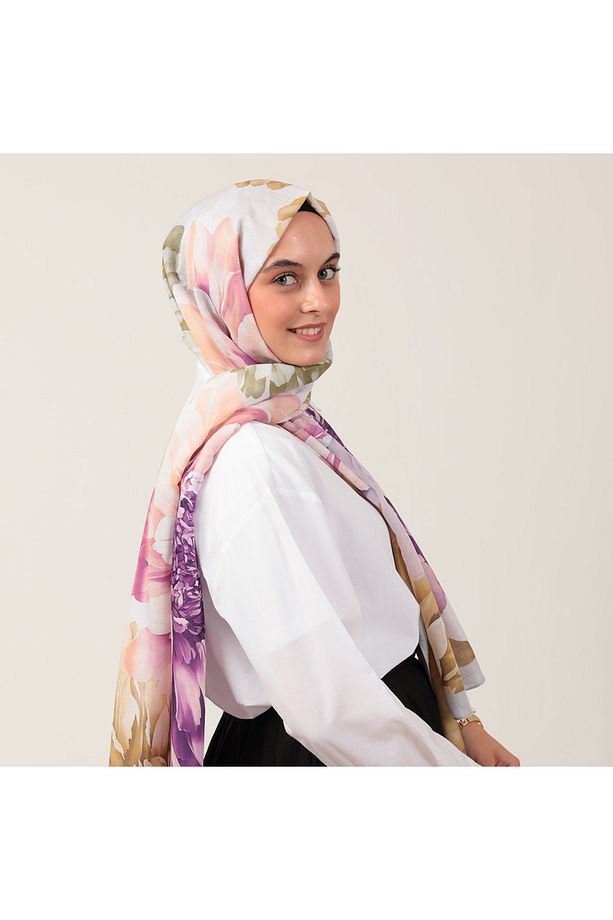 Pamuk İpek Şal - Lotus Desen - Sarı - 3
