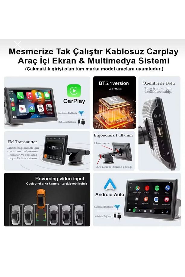7" Tak Çalıştır Kablosuz Apple Carplay Ve Android Auto Oto Multimedya Araç Araba Ekran double teyp - 5