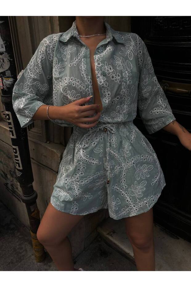 Women's Brode Fabric Oversize Shirt Shorts Set