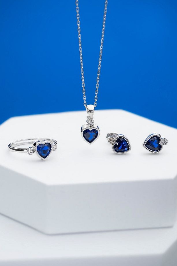 Gümüş Safir Taşlı Kalp Montür 3 Lü Set - 1