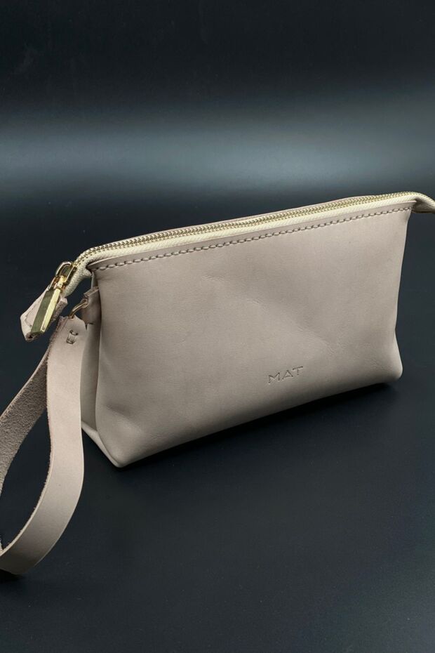 Women's Beige Genuine Leather Makeup and Travel Bag