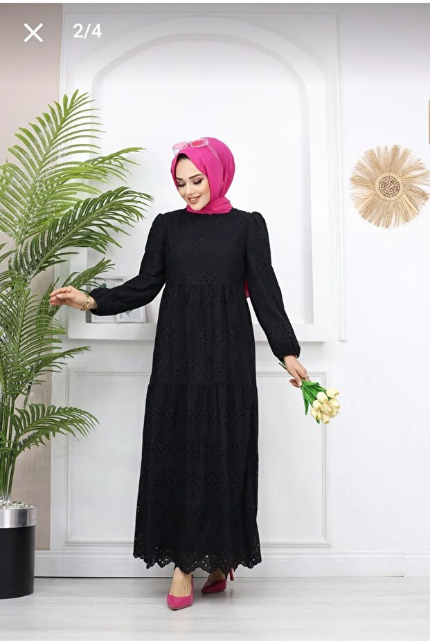 Embroidered Lace black modest dress