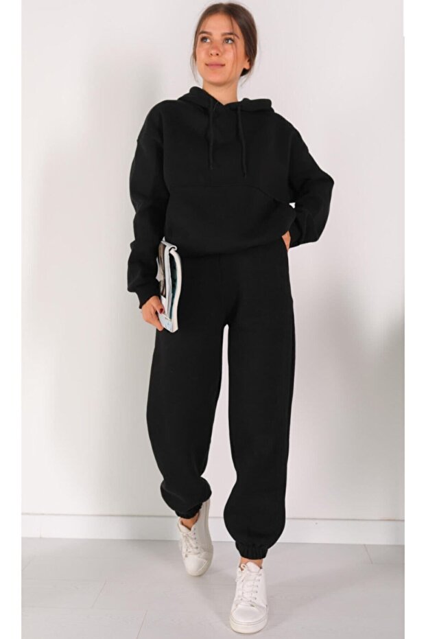 Thick Winter Tracksuit Set with 3 Thread Ribbon, Fleece Inside, Kangaroo Pocket, Hood, Rubber Legs