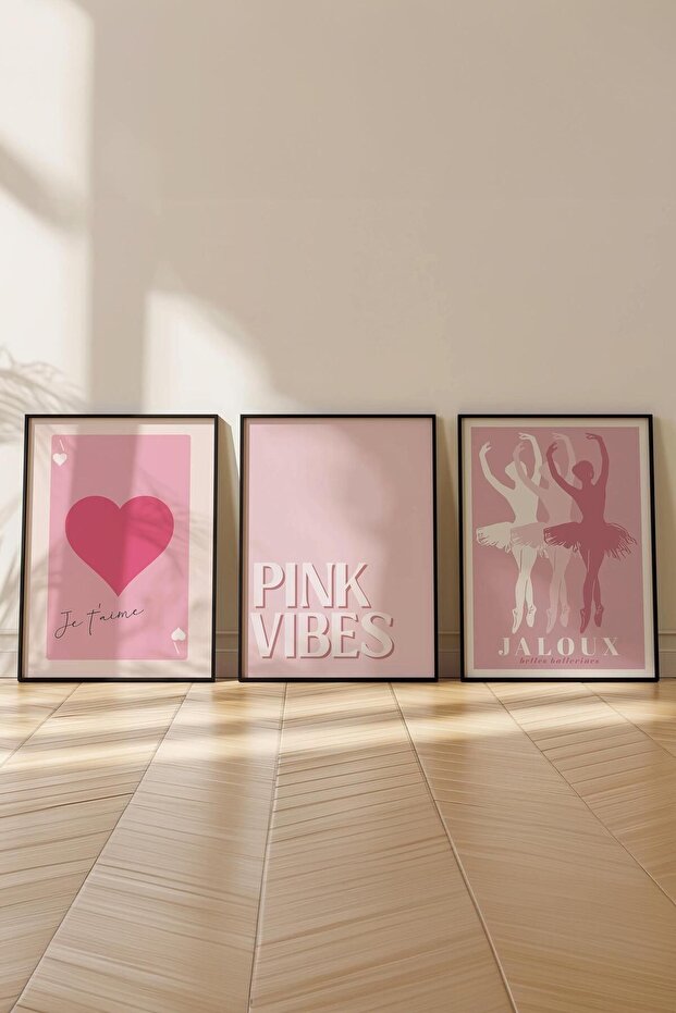 Pembe Tablo Seti, 3 Adet Siyah Çerçeve ve Poster - Yatak Odası Dekoru, Mutfak, Salon Duvar Dekoru - 4