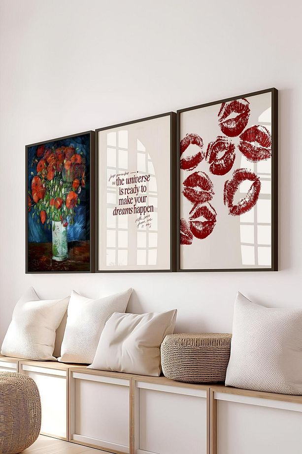 Kırmızı Vintage Tablo Seti, 3 Adet Siyah Çerçeve ve Poster - Salon, Mutfak, Yatak Odası Duvar Dekor - 3