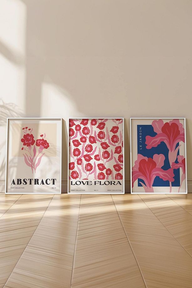 Pembe Minimalist Tablo Seti, 3 Adet Beyaz Çerçeve ve Poster - Mutfak, Salon, Yatak Odası Dekoru - 2