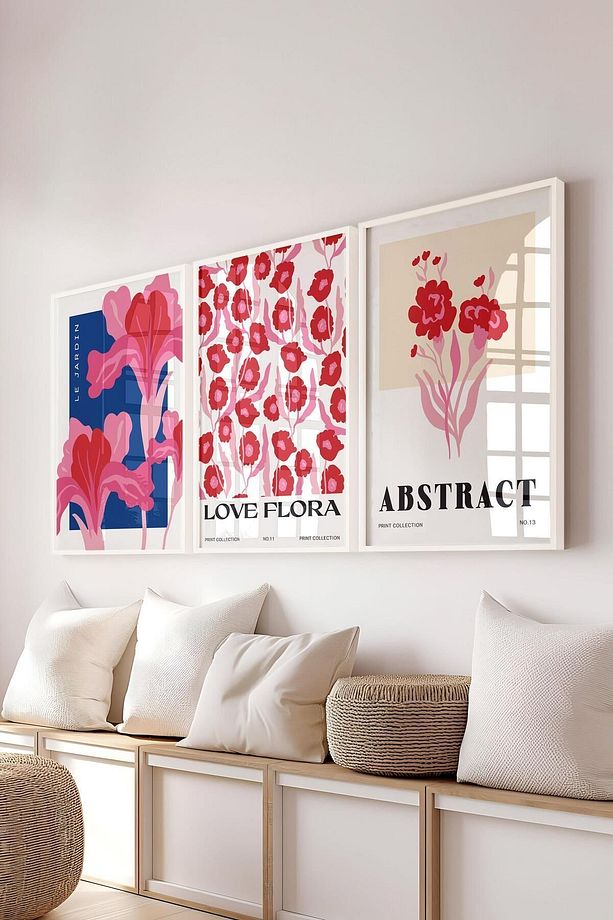 Pembe Minimalist Tablo Seti, 3 Adet Beyaz Çerçeve ve Poster - Mutfak, Salon, Yatak Odası Dekoru - 1