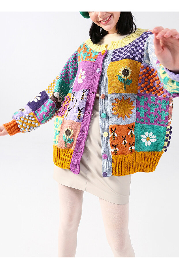 El Örgüsü Yün Patchwork Oversize Renkli Tasarım Hırka - 1
