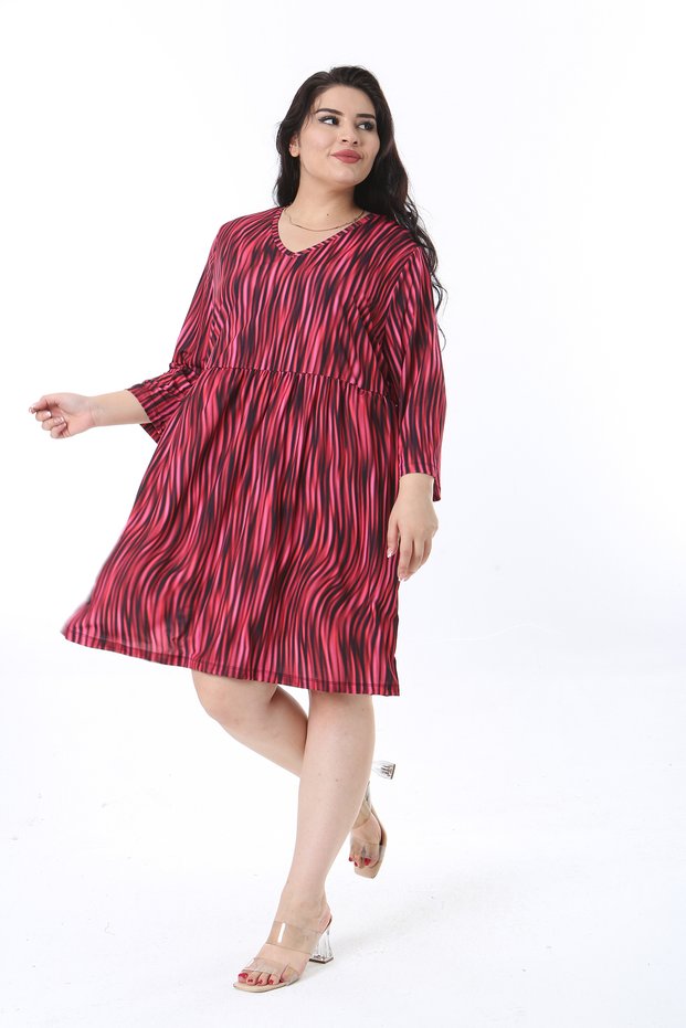 Women's Plus Size Colorful V-Neck Waist Gathered Capri Sleeve Dress 65N38200