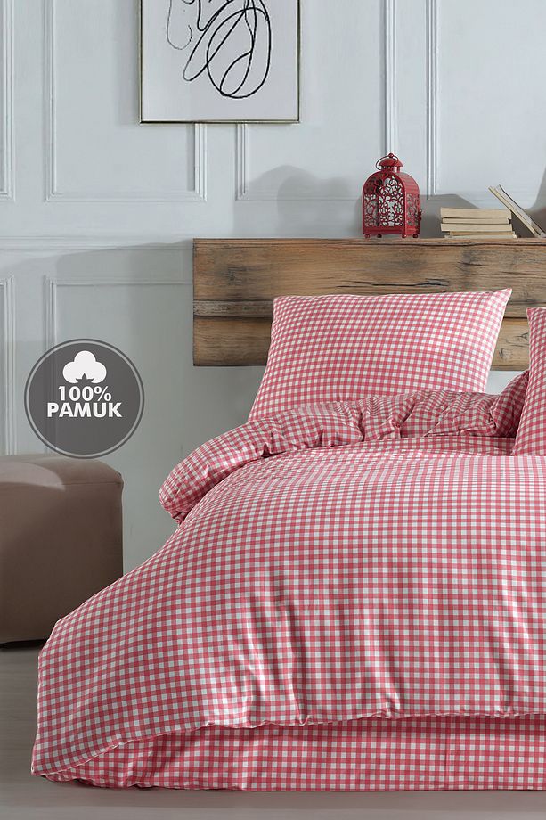 Mini Kare Pembe %100 Pamuk Tek Kişilik Nevresim Takımı - 1
