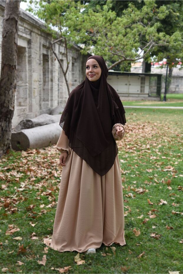 Pleated Zippered Aerobin Fabric Hijab Ferace/Dress - Honey Foam