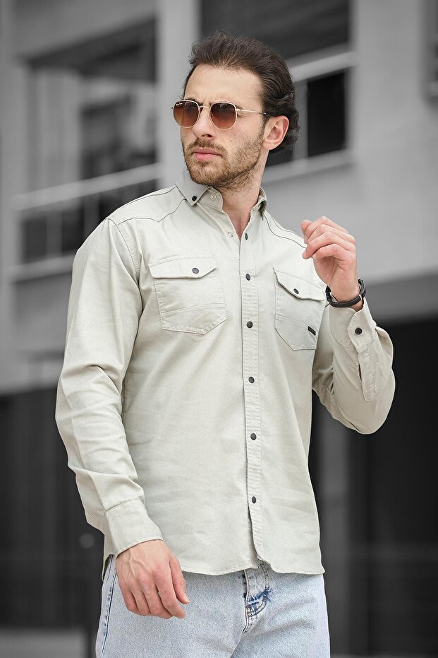 Yx 16176 Double Pocket Covered Snap Fastener Lycra Men's Jeans Shirt