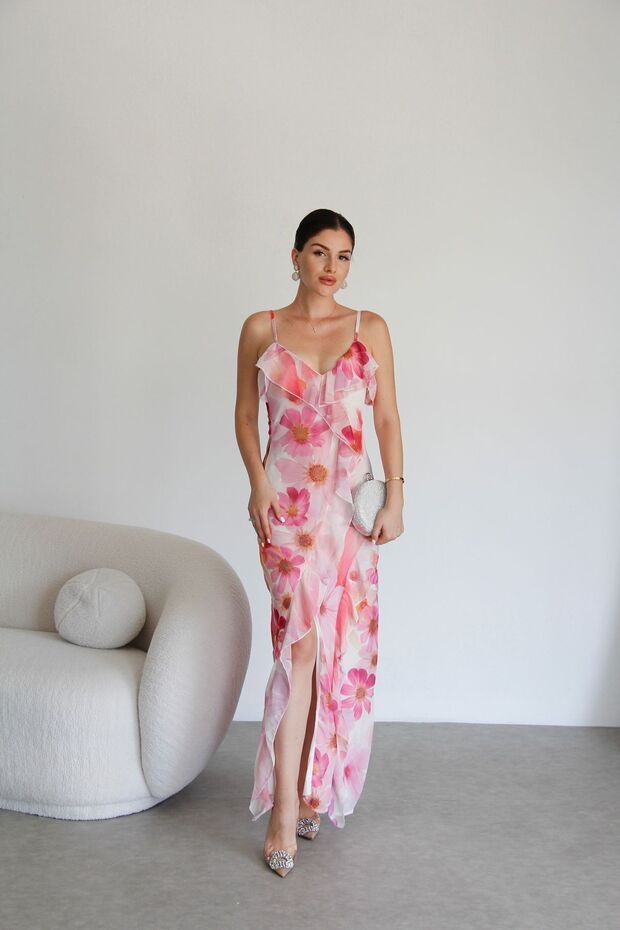 Patterned Strap Ruffle Detail V Neck Lined Maxi Long Length Premium Dress