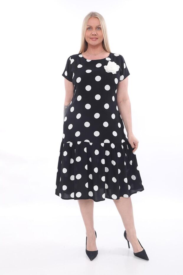 X MODAPO Plus Size Polka Dot Viscose Midi Summer Dress - Rose Brooch, Pocket, and Ruffle Hem