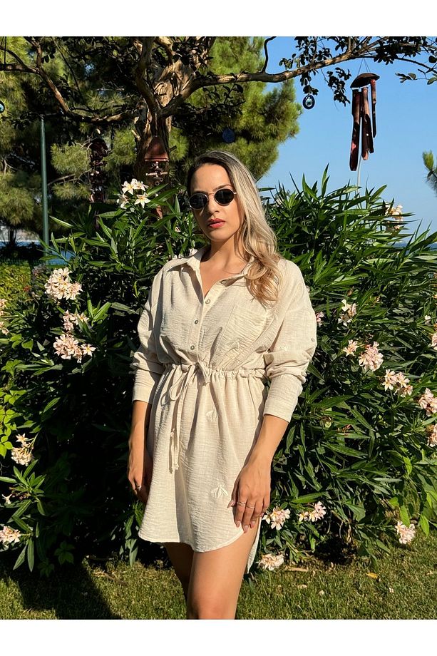 Arı Nakışlı Cep Detaylı İp Bağlamalı Gömlek Elbise Tunik - 3