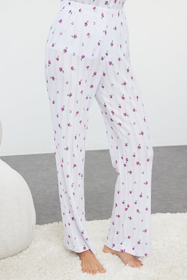 Beyaz %100 Pamuklu Çiçekli Ajurlu/Delikli Fitilli Örme Pijama Takımı THMAW25PT00057 - 4