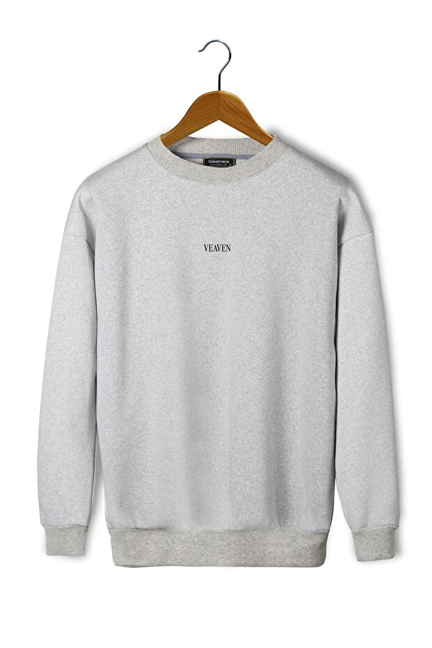 Unisex Gray Front Veaven Printed Oversize Thick Three Thread Ribbed Crew Neck Sweatshirt
