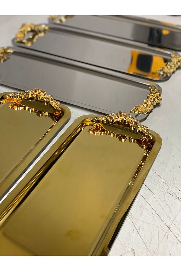 ÇELİK DİKDÖRTGEN 3 ADET GOLD 3 ADET GÜMÜŞ KULPLU SERVİS VE SUNUM TEPSİSİ - 3