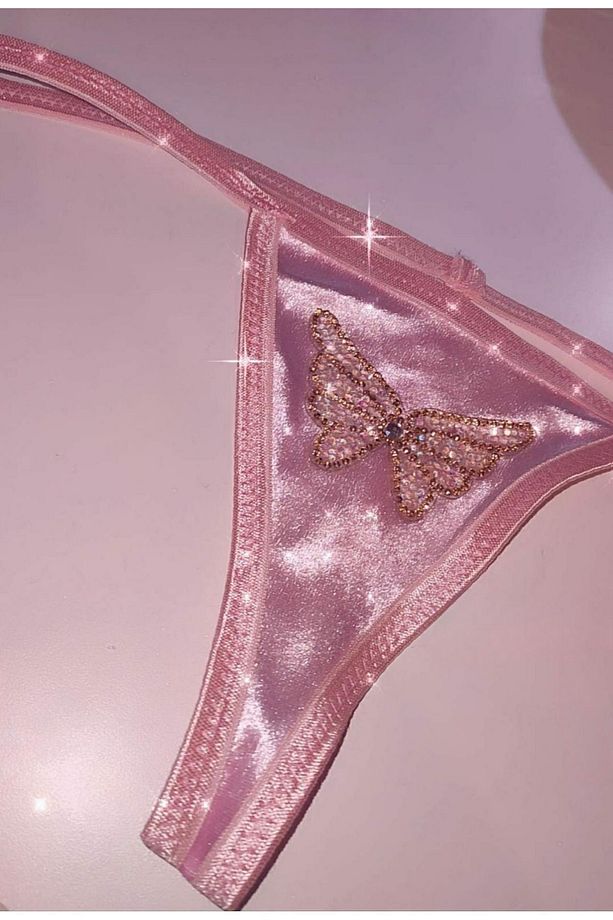 Pembe Taşlı Kelebek Baskılı Kadife T-String Model Tanga - 2