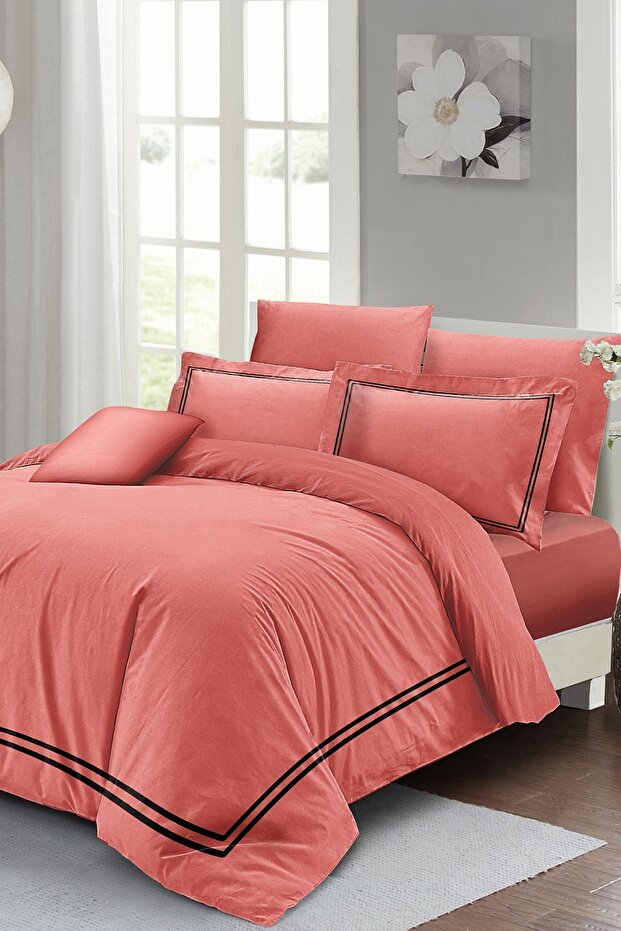 Cotton Satin Double Duvet Cover Set with Elastic Sheets Luxury Cotton Satin Salmon