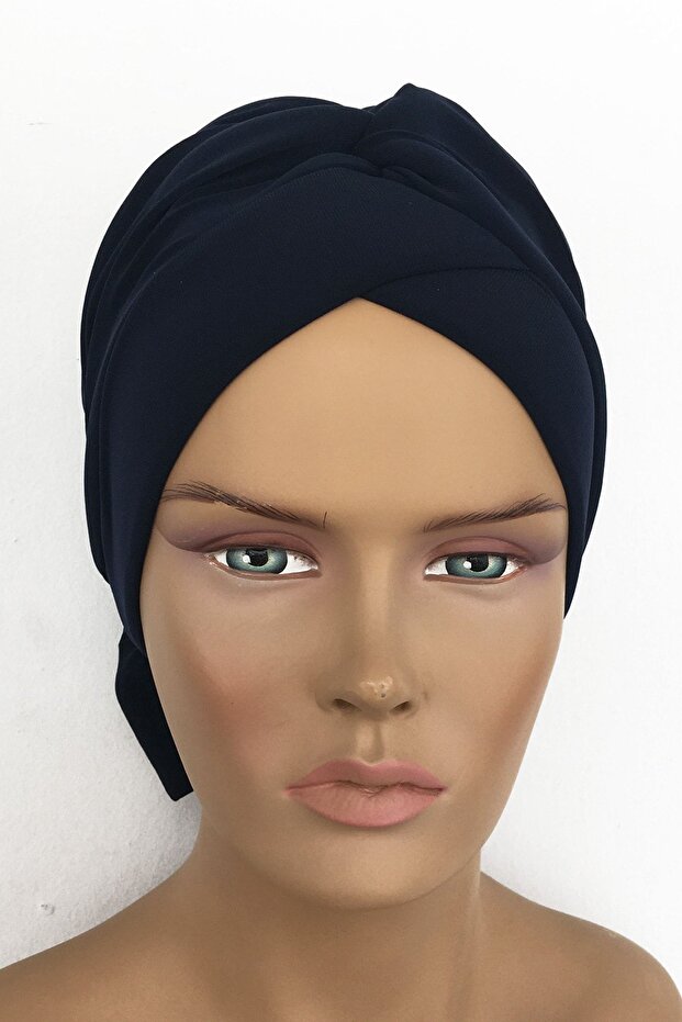 Women's Navy Blue Mihrace Ready Turban Bonnet Cross Banded Lined Padded Bow Hijab Bonnet