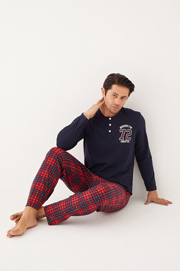 Lacivert Ekose Desenli Uzun Kollu Erkek Pijama Takımı - 1