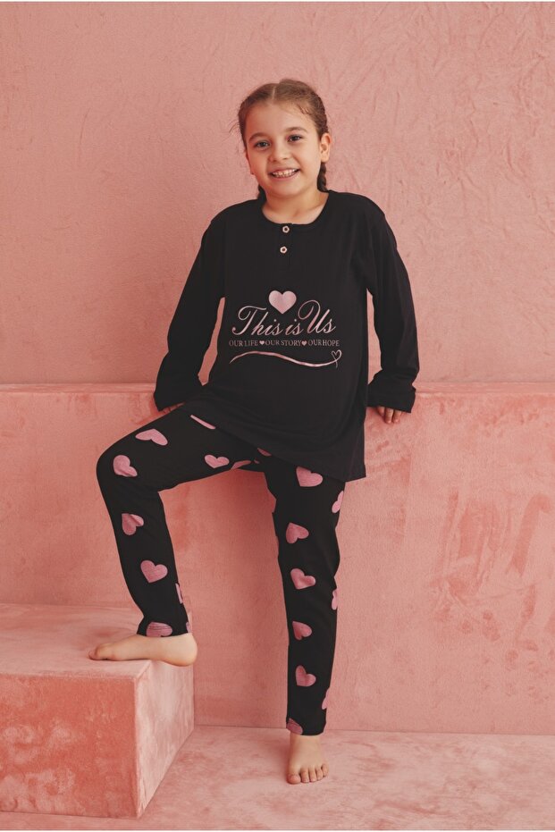 Siyah Kalp Baskılı Desenli Uzun Kollu Örme Pijama Takımı - 2