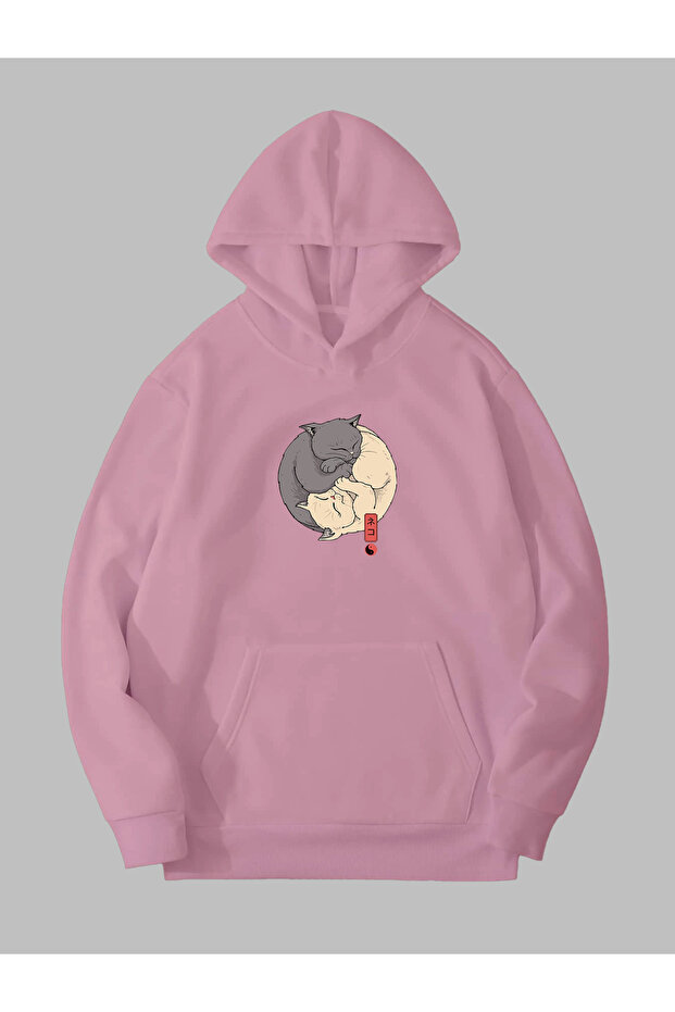 3 Thread Ying Yang Printed Pink Kangaroo Pocket Hooded Sweatshirt Hoodie