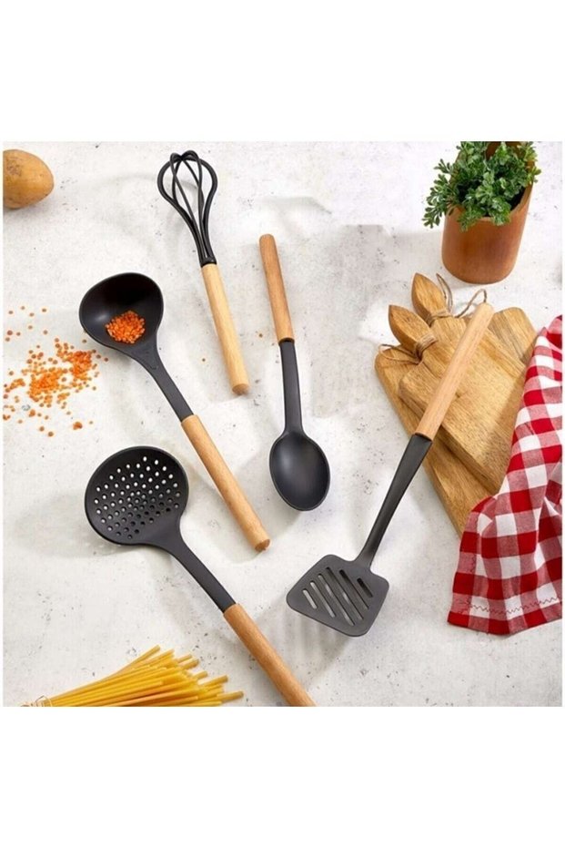 Set of 5 Non-Scratch Wooden Handles Spoon, ladle, spatula, whisk, colander