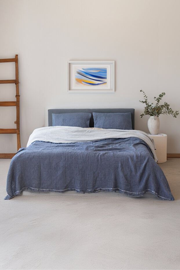 King Size Pique Bedspread 4 Layers Muslin Cotton Double Sided Indigo Blue 240x260 cm