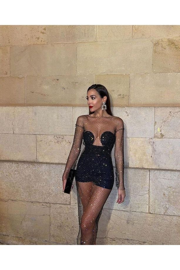 Kadın Kristal Uzun Kollu Taşlı File Elbise Şık Gece Elbisesi - 4