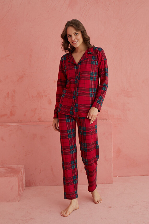 Ekose Desenli Bambu Önden Düğmeli Uzun Kol Pijama Takımı - 2