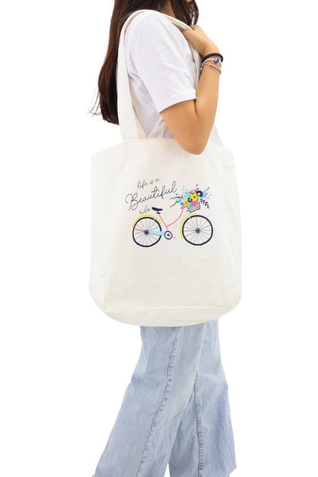 Cloth Women's Bag, Large Volume, White Bicycle Print Hand and Shoulder Tote Bag