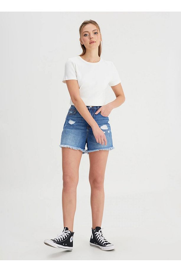 Düşük Bel Regular Fit Mavi Kadın Şort W241112XT-Jean Şort - 1