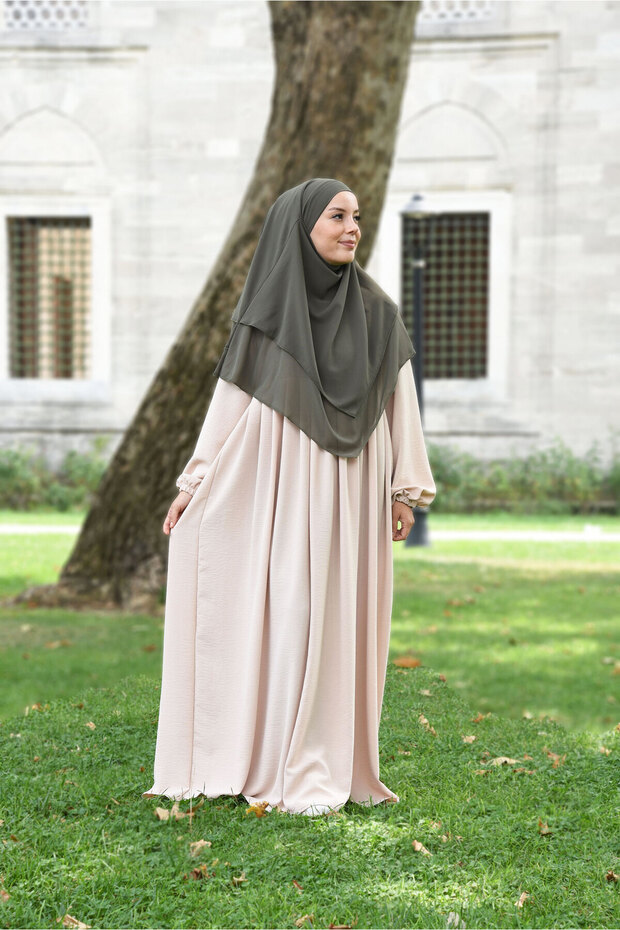 Pleated Zippered Aerobin Fabric Hijab Ferace/Dress - Beige