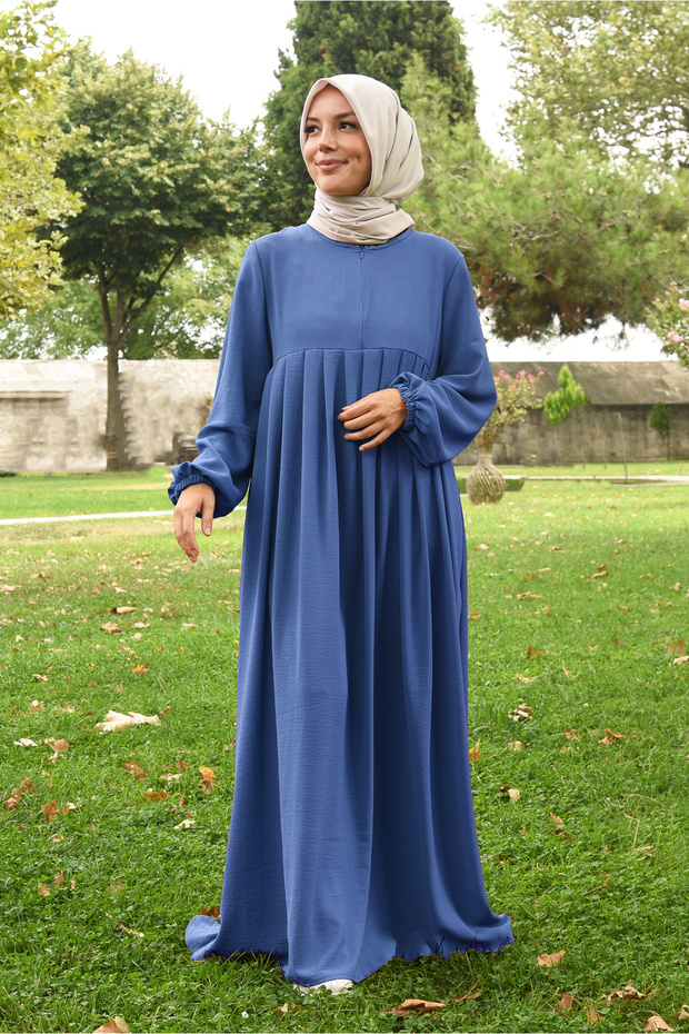 Indigo Hijab Ferace - Pleated and Zippered Aerobin Fabric