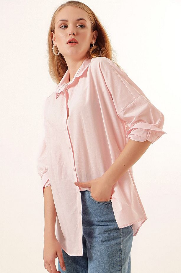 3900 Oversize Uzun Basic Gömlek - Pudra - 3