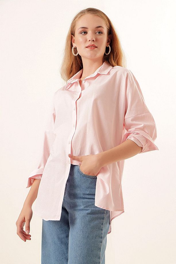 3900 Oversize Uzun Basic Gömlek - Pudra - 6