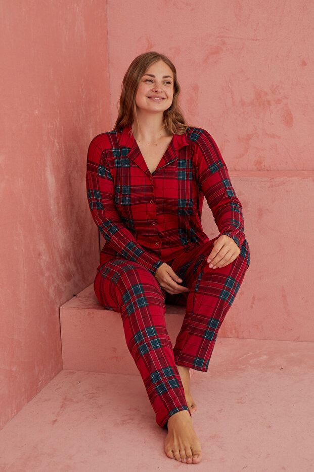 Ekose Desenli Bambu Önden Düğmeli Uzun Kol Pijama Takımı - 1