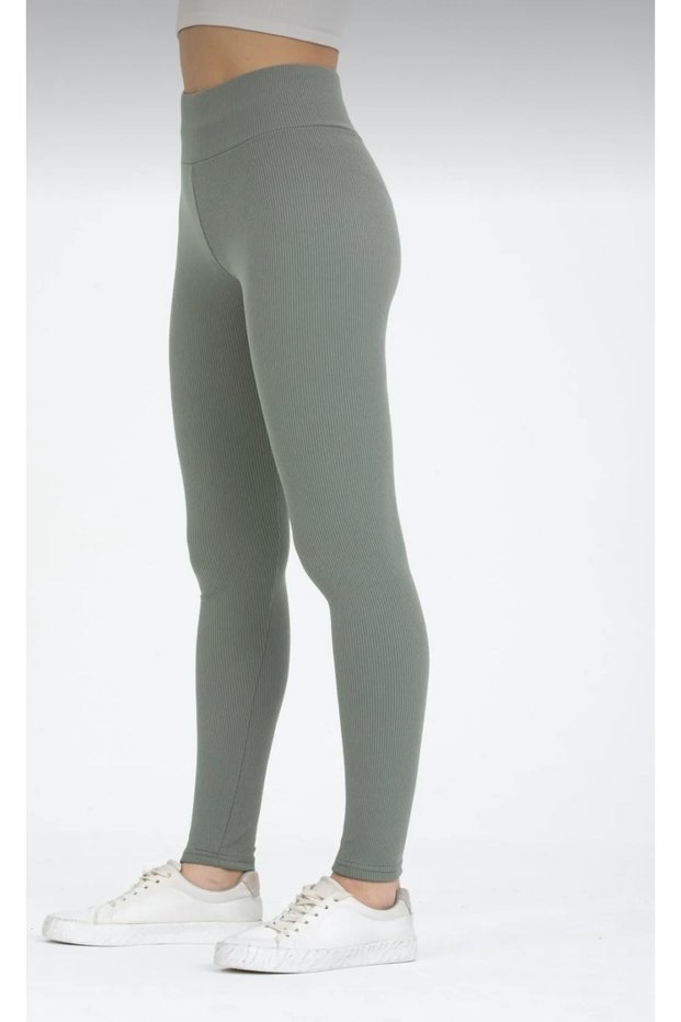 Women's High Waist Slimming Khaki Green Ribbed Leggings 3-Pack