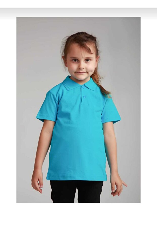 Unisex Turquoise Cotton Polo Collar School Tee